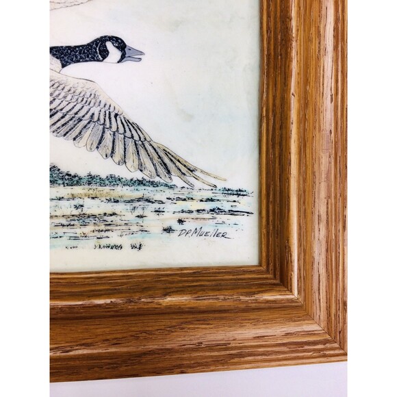 Vintage Canadian Geese In Flight Farm Scene Marble Etching Framed Signed - Picture 3 of 6